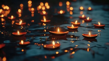 Candles floating in water for the Diwali celebration...