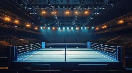 An empty professional boxing ring set in an arena. © Natalie