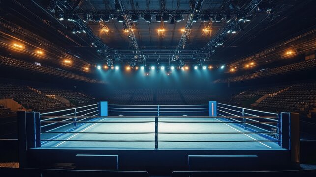 An empty professional boxing ring set in an arena.