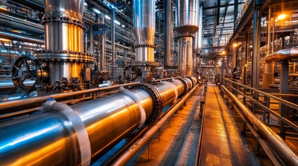 Obraz premium Illuminated Industrial Plant Interior with Complex Metal Pipes and Valves
