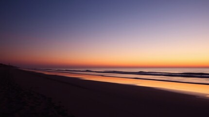 Golden Hour Seascape:  A serene and minimalist beach scene unfolds at sunrise, as soft, golden light bathes the tranquil waters and sandy shore.  The horizon glows with a warm, ethereal light.