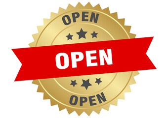 open. open round red and gold label isolated on transparent background