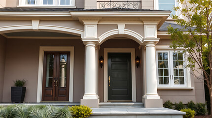 Fototapeta premium Elegant Home Exterior with Classic Columns and Stone Steps. This stunning house features a beautiful facade, arched entryway, and large windows, creating a welcoming and luxurious feel.