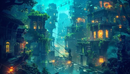 Fototapeta premium A fantasy cityscape with glowing windows, vines, and hanging lanterns, set against a dark, turquoise sky.