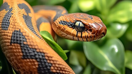 Fototapeta premium Detailed close up shot of a beautiful snake with a striking wood like texture coiling and slithering its way through lush green foliage in a natural tropical environment