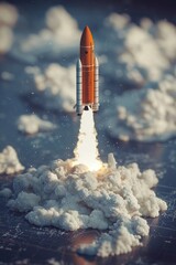 A rocket, taking off from a tabletop. Smoke is coming out from the engines, and there are white smokes around it. 