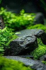 Mossy rocks surrounded by lush green plants, create a serene and natural atmosphere 