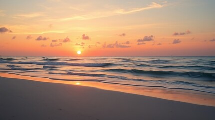 Coastal Sunrise: A picturesque sunrise over the ocean, with golden hues painting the sky and gentle waves lapping at the sandy shore. The scene evokes tranquility and a sense of peace.