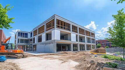 Obraz premium A bustling construction site buzzes with activity as workers skillfully assemble the framework of a towering building under a bright blue sky.