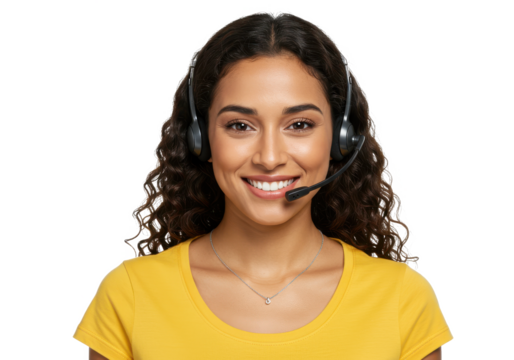 Smiling female call center agent wearing a headset and a yellow shirt isolated on white background