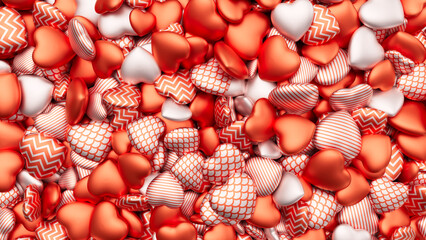 Red and pink textured hearts background for Valentine's Day. Pile of hearts. Romantic backdrop. 3d render illustration