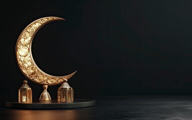 3D rendering of a golden Islamic Ramadan Kareem concept with a crescent moon and lantern on a black background for a product display podium, mockup design template, copy-space. 