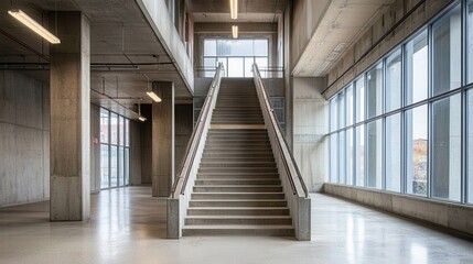 A grand staircase ascends through a sunlit atrium, framed by towering windows that invite a cascade of light into the spacious interior.