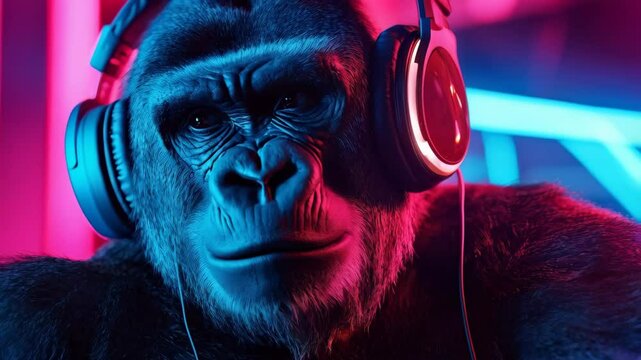 gorilla listening music in headphones in neon lights