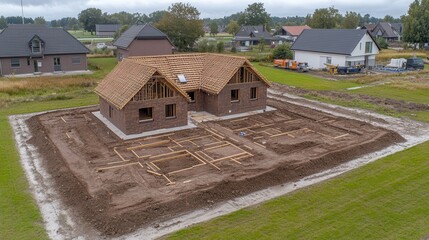 A rustic house rises from the earth, surrounded by mounds of dirt, as workers labor under the vast sky, shaping dreams in a tranquil field.