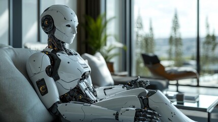 Contemplative Robot Sitting on a Modern Sofa in a Luxurious Apartment
