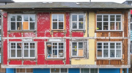Obraz premium A vibrant red and yellow building stands proudly, adorned with windows that gleam and a striking blue door that invites curiosity.