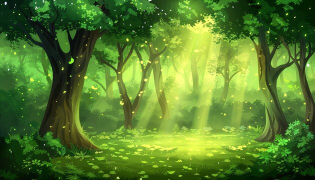 A whimsical cartoon forest with a magical, sun-dappled clearing.