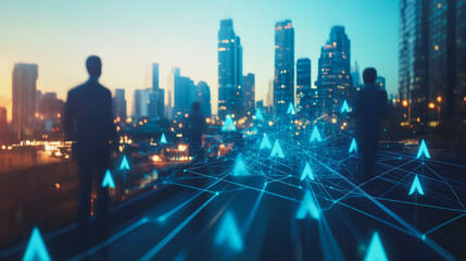 Fototapeta premium abstract professional business team people connection of line from nail node to node on Smart digital cityscap and skyline background , Innovation networking concept