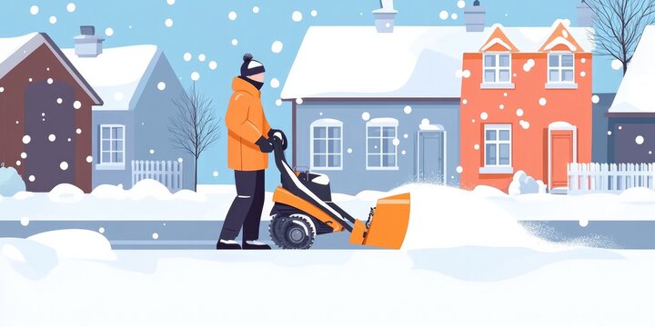 Man in an orange jacket operating a snow blower in a snowy suburban neighborhood with colorful houses in the background..