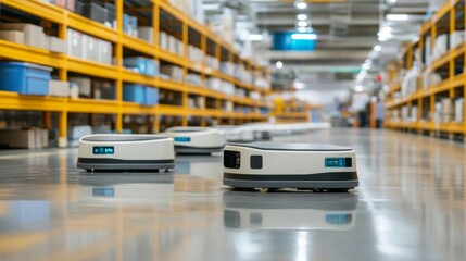 Obraz premium Autonomous Robots Moving in Modern Warehouse Facility