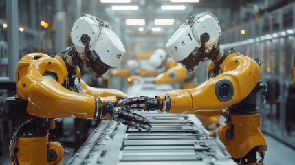 Fototapeta premium Advanced Robots Collaborating on Assembly Line in Modern Factory