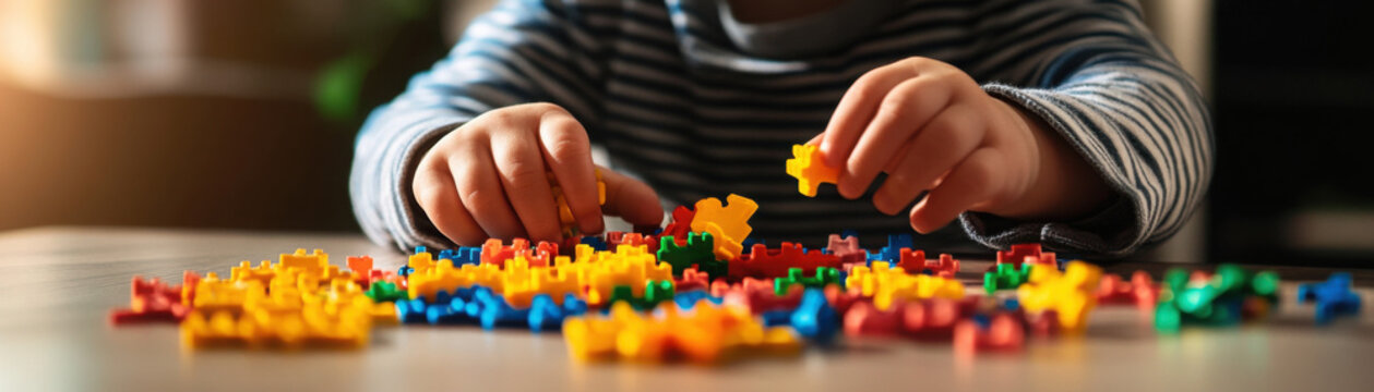 A child sorting colorful plastic shapes on a wooden table.