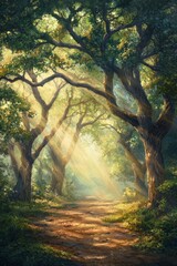 Fototapeta premium Mystical oak forest with misty light filtering through ancient trees, creating an ethereal atmosphere. The fog adds to the enchanting and mysterious vibe of nature's beauty. 