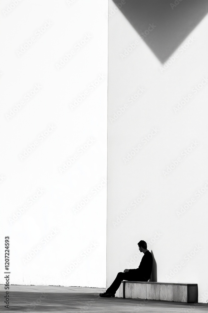 Poster a man sits on a bench in front of a tall building. the scene is quiet and peaceful, with the man loo