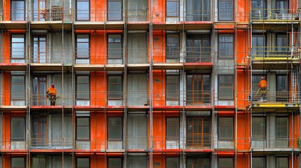 A rustic building adorned with vibrant balconies, where diligent workers engage in tasks, creating a lively atmosphere of community and collaboration.