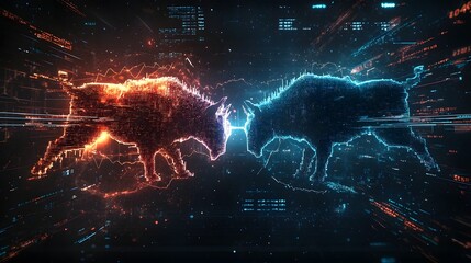 Fototapeta premium Visually striking digital interface displaying the contrasting and dynamic trends of the bullish and bearish market in a glowing energetic fusion of data visualization and technology