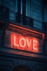 Neon sign on the building in Paris, neon text "LOVE", red light, romantic atmosphere, soft shadows