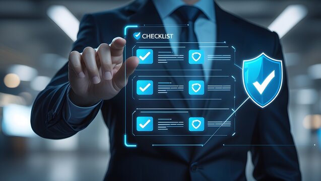 Businessman checking steps through document with a list of checkboxes ,regulation ,practices and policies ,Terms and conditions ,Examination of ethical rules ,Evaluate quality and efficiency