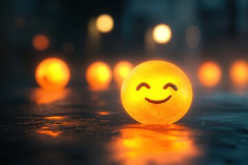 Glow of cheerful yellow orbs illuminating a rainy night in a vibrant urban setting