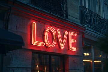 Neon sign on the building in Paris, neon text "LOVE", red light, romantic atmosphere, soft shadows