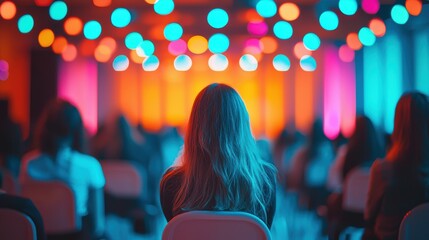 Vibrant Conference: A woman sits amongst a crowd, bathed in the colorful glow of stage lights.  The atmosphere is energetic yet calm.