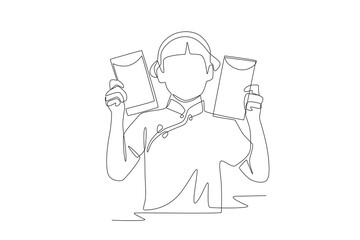 Children receiving red envelopes concept one-line drawing