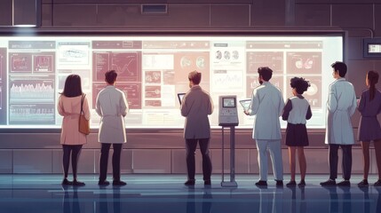 Fototapeta premium Team of Scientists Analyzing Data on Large Screen in Modern Lab