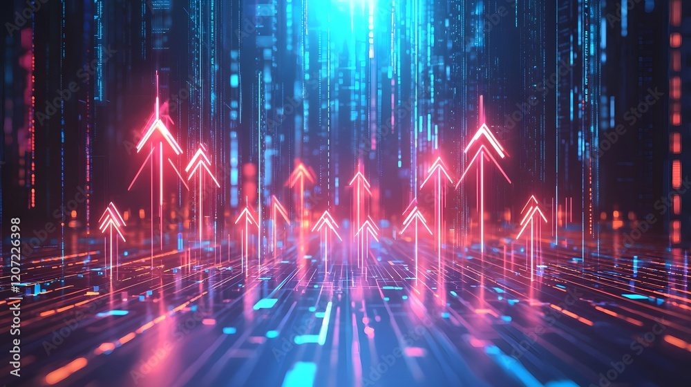 Poster futuristic digital graph background with overlapping arrows and fluctuating trend lines representing