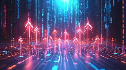 Futuristic digital graph background with overlapping arrows and fluctuating trend lines representing the dynamic nature of financial data analysis and market performance