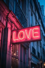 Neon sign on the building in Paris, neon text "LOVE", red light, romantic atmosphere, soft shadows