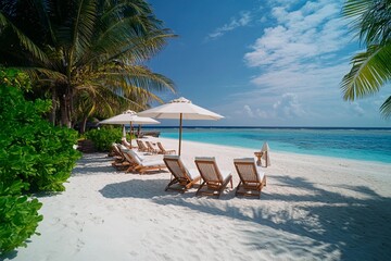 Relaxing beachside loungers under sunny skies create a perfect tropical getaway
