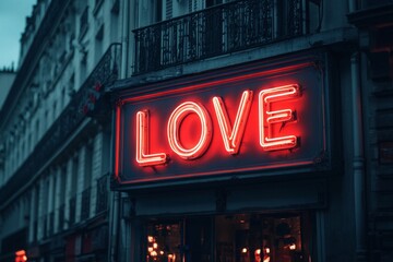 Neon sign on the building in Paris, neon text "LOVE", red light, romantic atmosphere, soft shadows