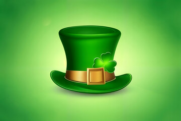 Green leprechaun hat for St. Patrick's Day with shamrock clover on a green background