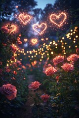 A garden filled with blooming roses, with heart-shaped fireworks above, creating a romantic and magical evening atmosphere.