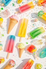 Vibrant assortment of ice cream cones and colorful popsicles arranged in a flat lay style with scattered sprinkles on a white background