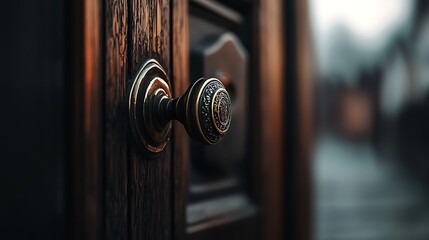 Obraz premium Antique Door Knob, Close-up, Wooden Door, Exterior, Blurred Background, Home Security