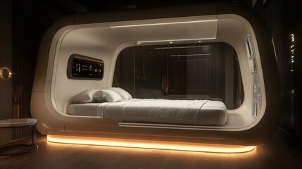 Futuristic Minimalist Bedroom with Glowing Capsule Bed