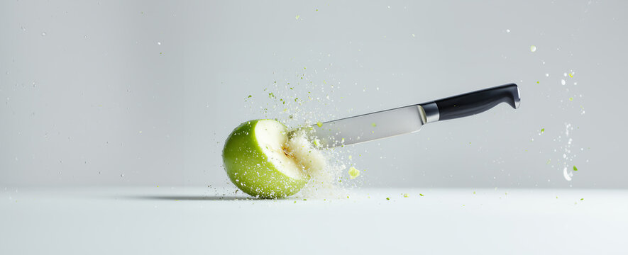 Knife shattering an apple in slow motion, showcasing droplets and fragments in a visually captivating display of force and freshness