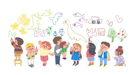 色鉛筆で描いた子供が壁に落書きをしているイラスト